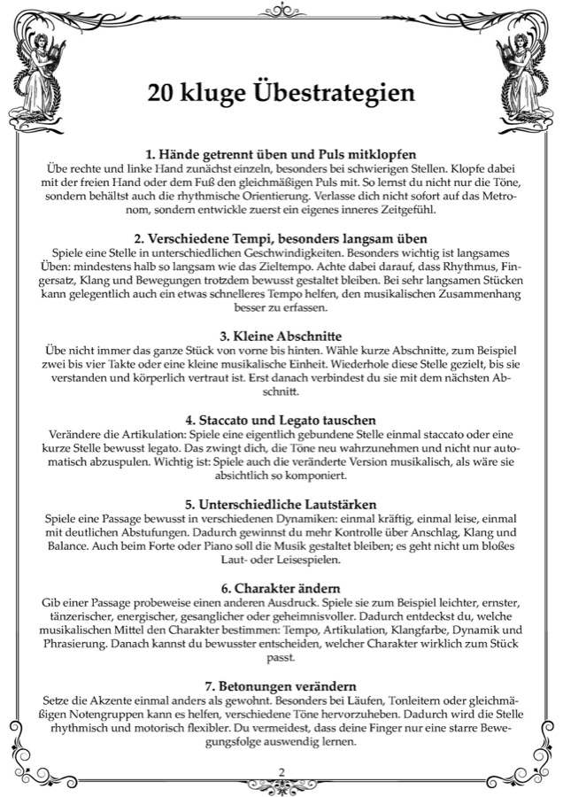 Übetagebuch Klavier, Seite mit 20 Übestrategien